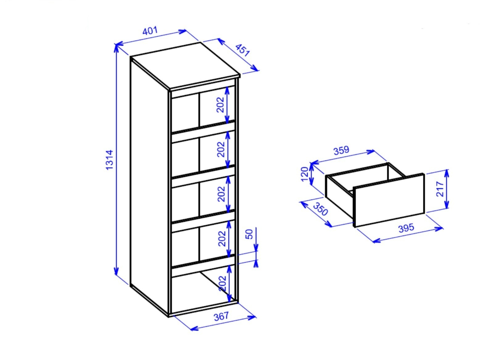 Settimino salvaspazio a 5 cassetti finitura Bianco opaco