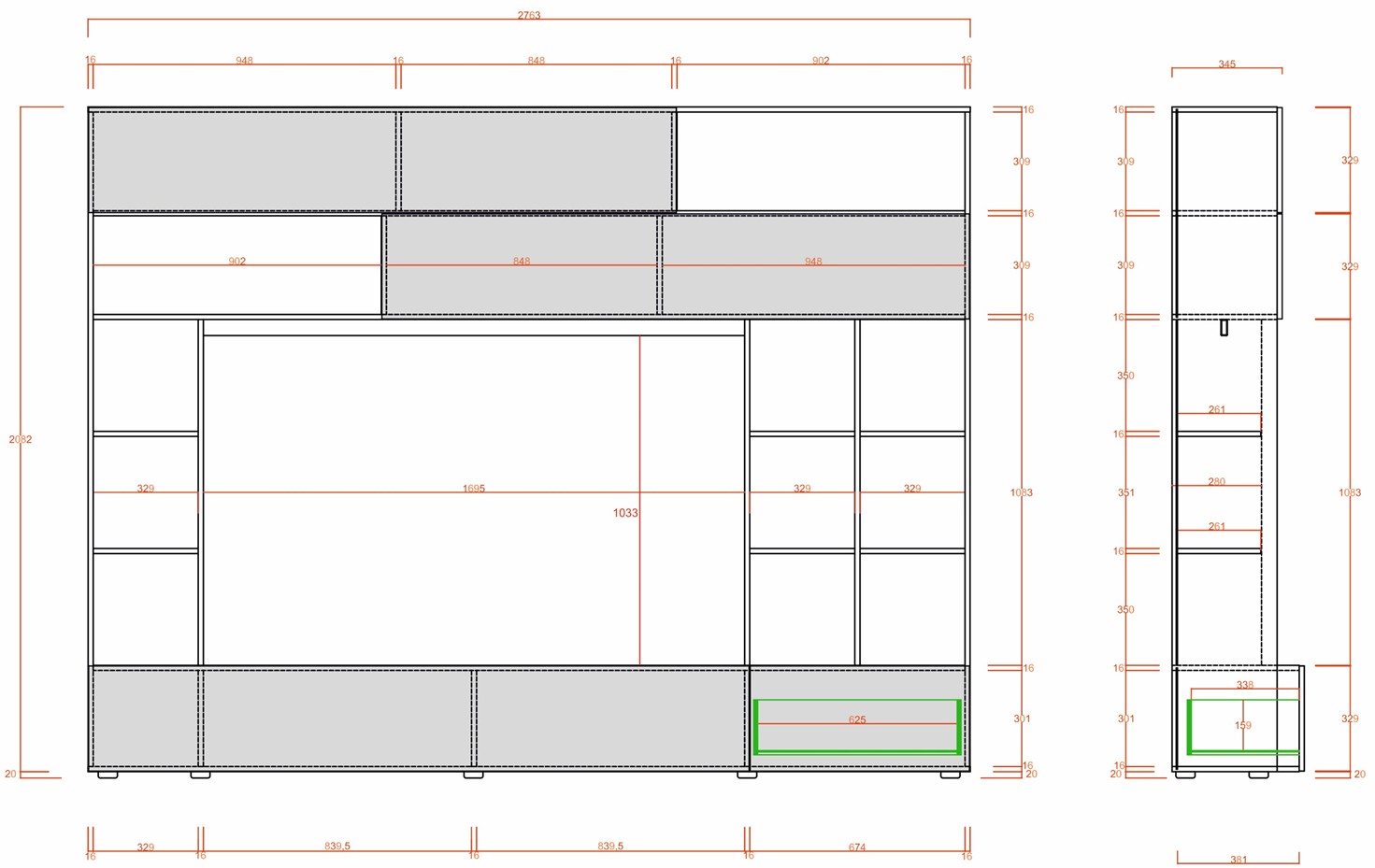 Soggiorno Zenzero, parete attrezzata moderna con libreria, 2 ribalte e vasistas, finitura Bianca e Beton