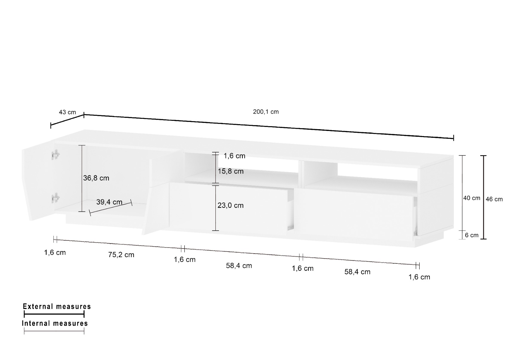 Porta TV dal design geometrico larghezza 200 cm, Pero e Ardesia
