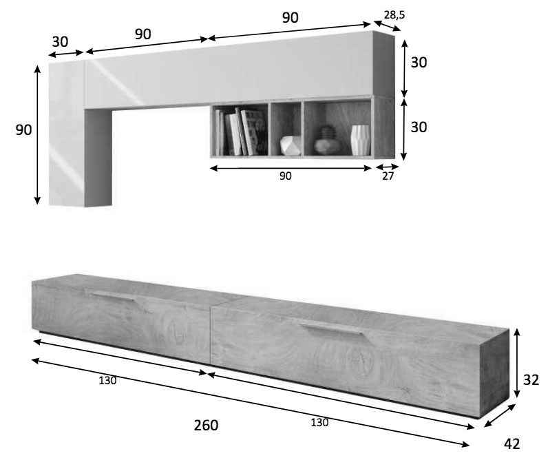 Soggiorno Zenzero, parete attrezzata moderna con doppia base porta TV e pensili a muro, cemento e bianco artik