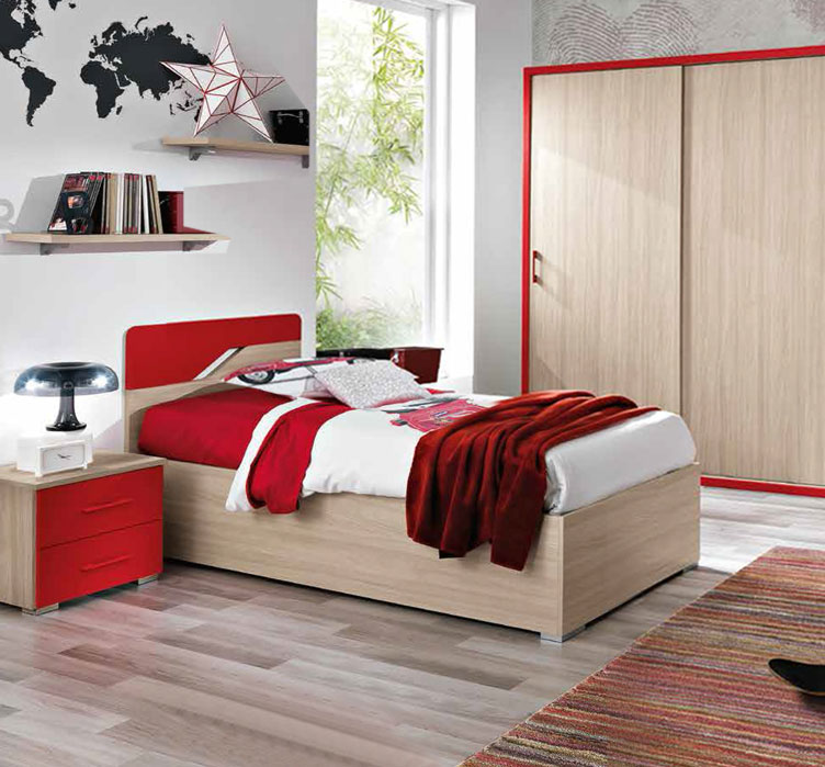 Letto singolo Federica con contenitore, finitura Olmo e Rosso