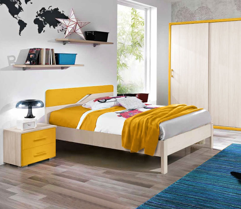 Letto una piazza e mezza Federica per camerette per ragazzi, finitura Olmo e Giallo