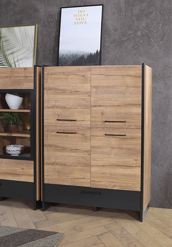 Madia alta industry 4 ante 1 cassetto, finitura Rovere Waterford e Nero