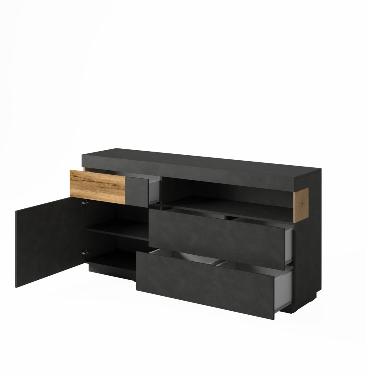 Credenza composta da 1 anta e 3 cassetti, bianca lucida e rovere naturale