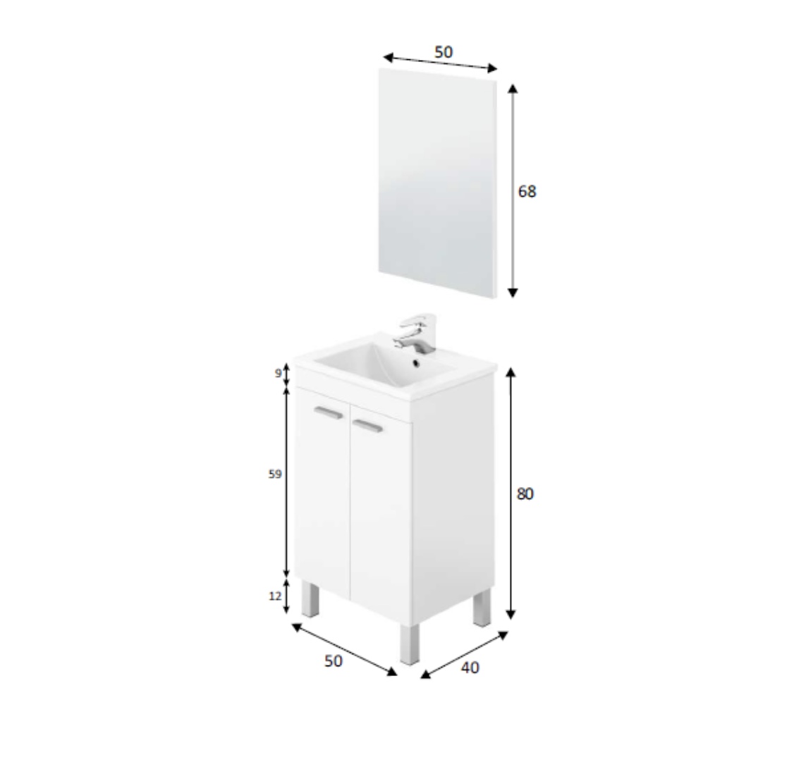 Mobile bagno salvaspazio a terra, finitura bianco lucido con specchio