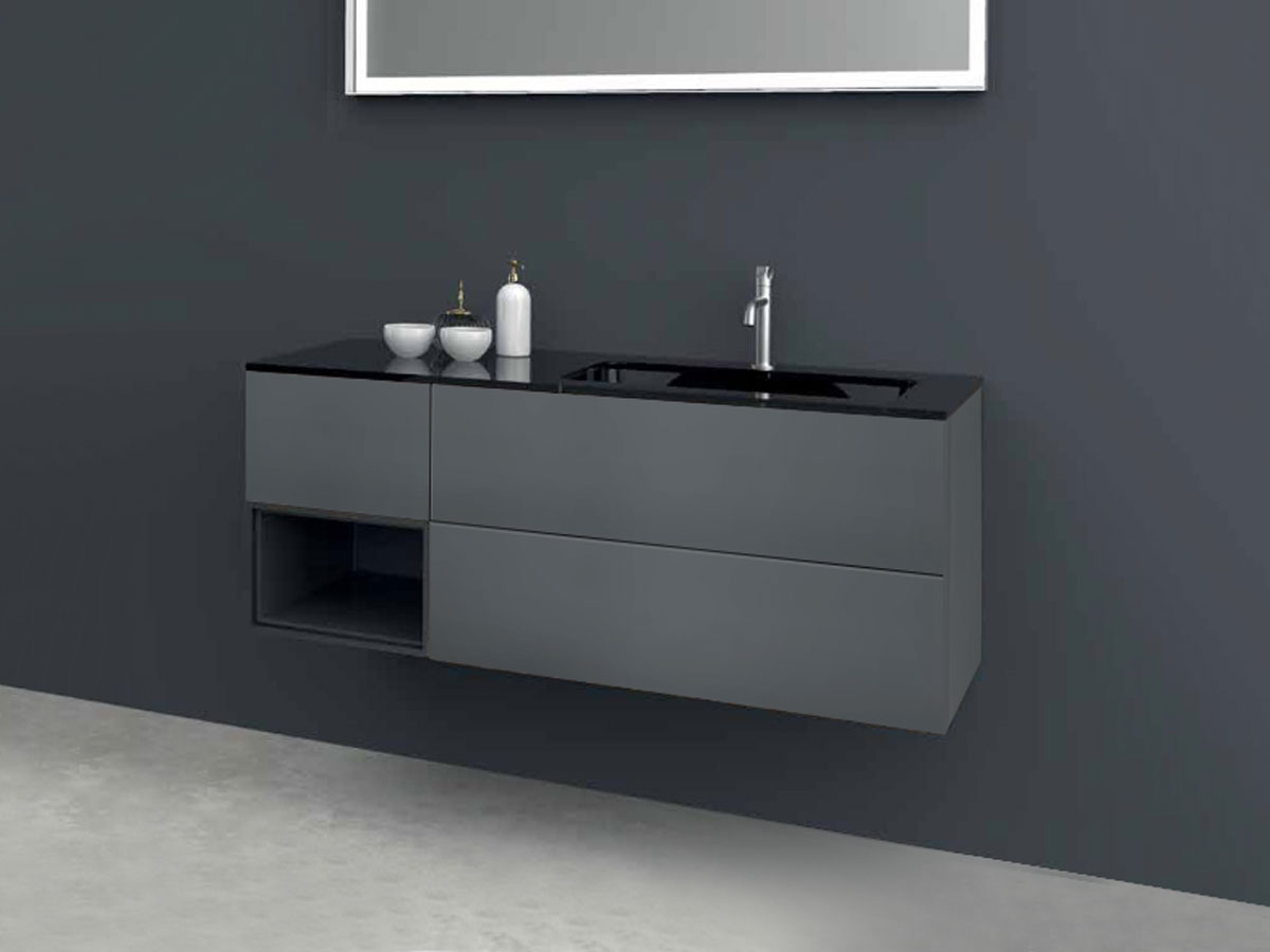 Mobile bagno sospeso 3 cassetti, lavabo integrato, finitura Grigio basalto e Cristallo nero lucido