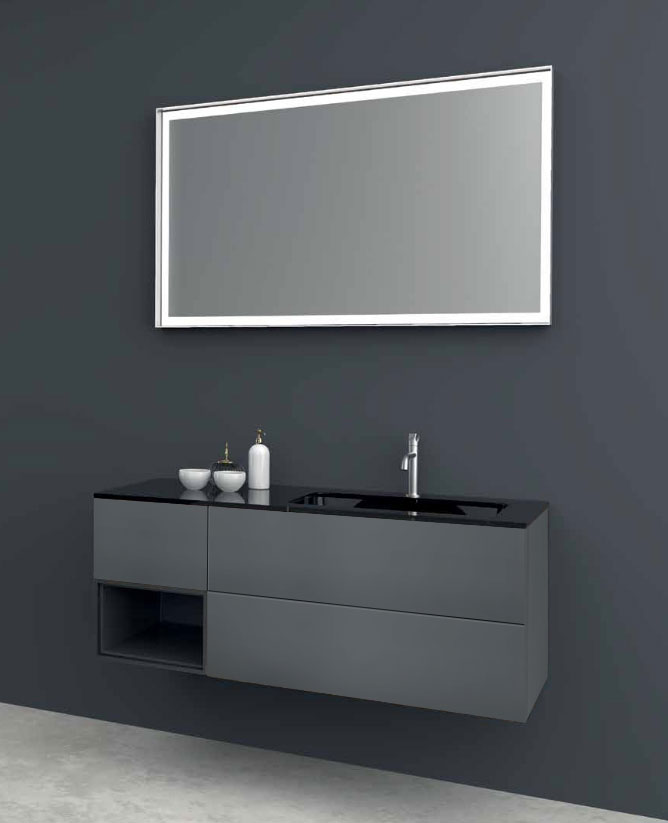 Mobile bagno sospeso 3 cassetti, lavabo integrato, finitura Grigio basalto e Cristallo nero lucido