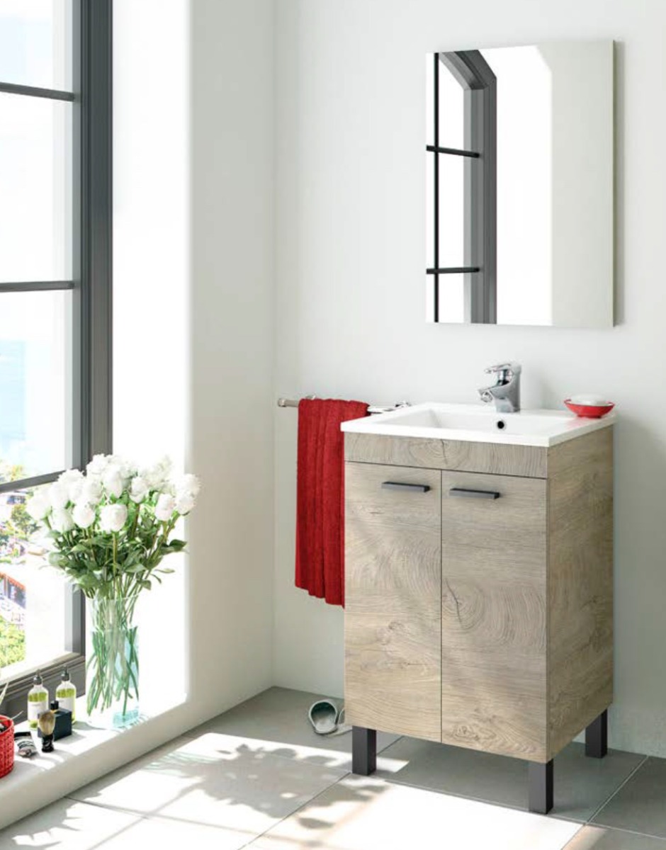 Mobile sottolavabo con due ante e uno specchio, finitura rovere alaska