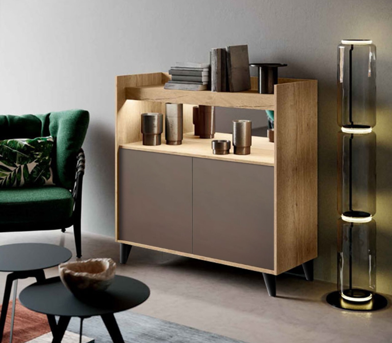 Madia buffet a 2 ante, finitura Rovere chiaro e Bronzo