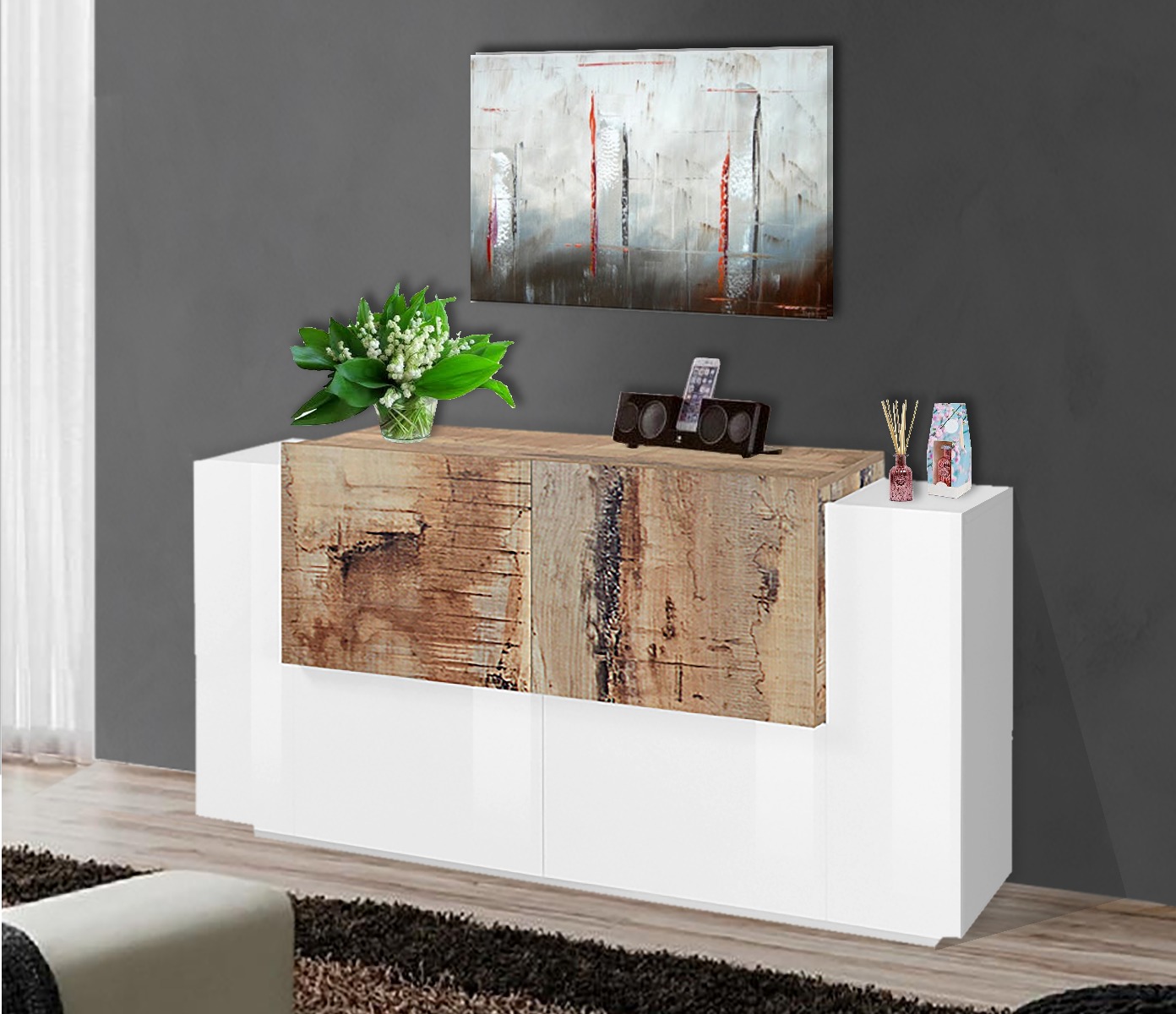Offerta credenza Bianca lucido e Pero, 4 ante 