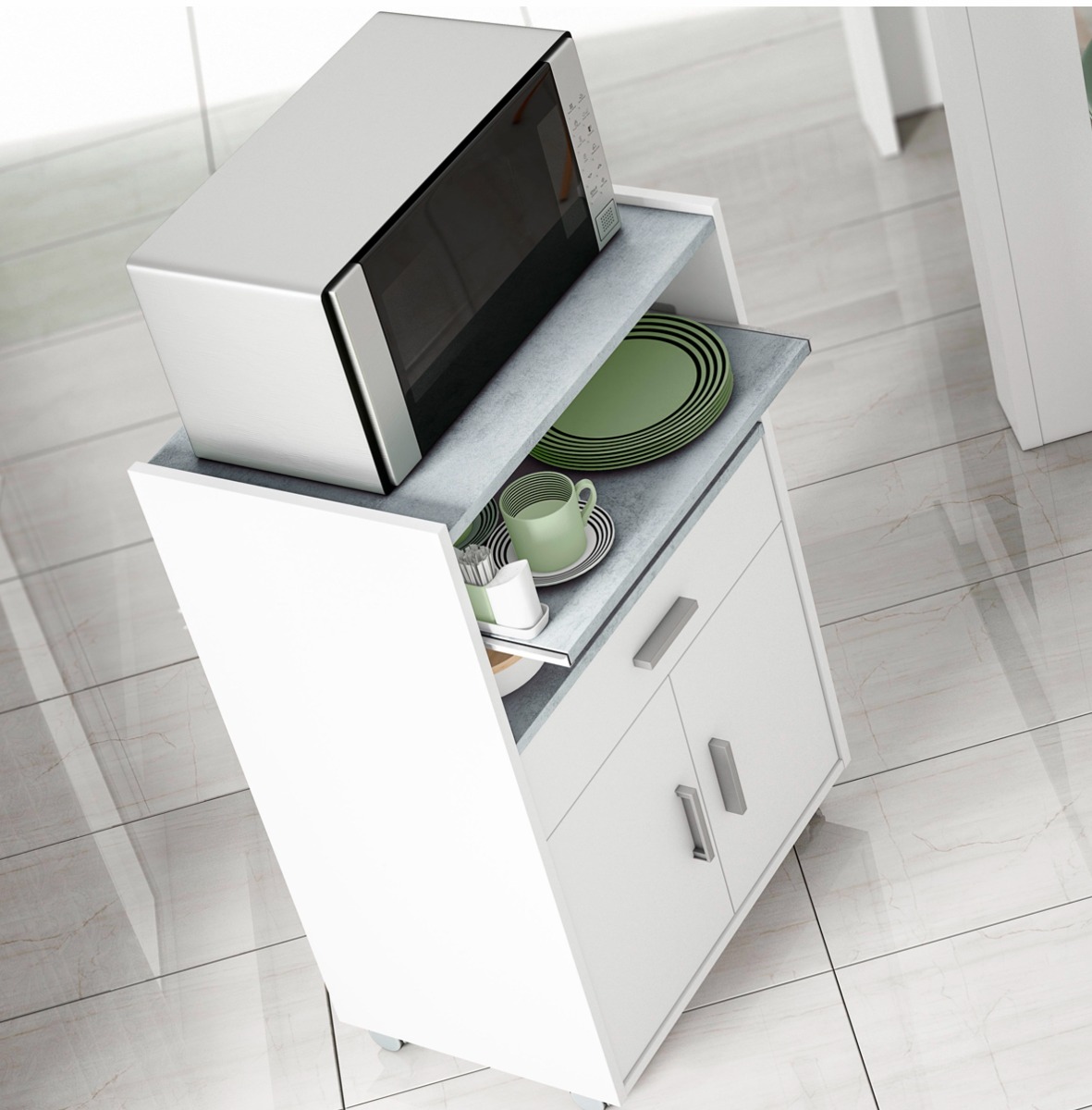 Mobile per cucina con piano ad estrazione, finitura Bianco e Cemento