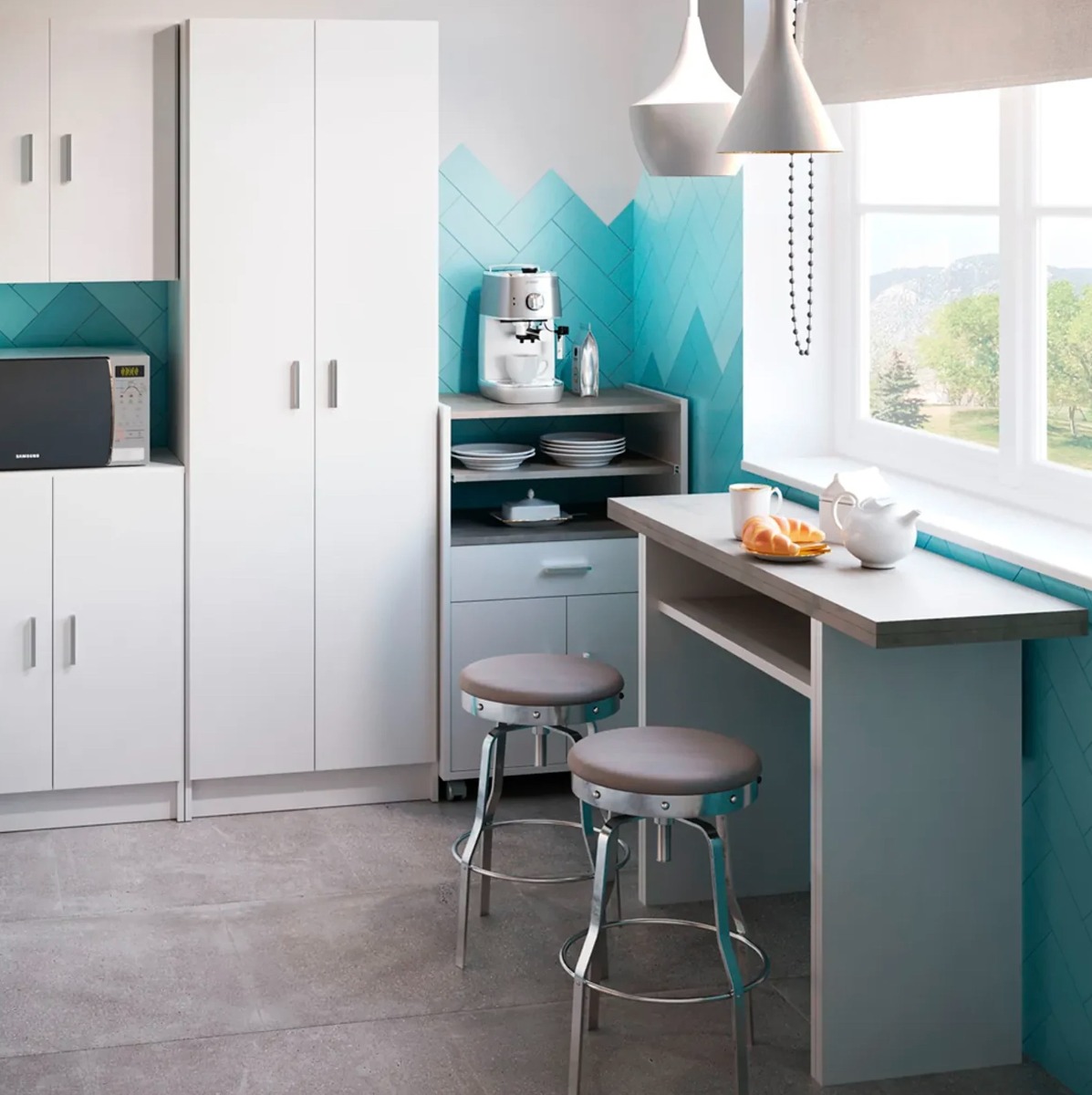 Mobile per cucina con piano ad estrazione, finitura Bianco e Cemento