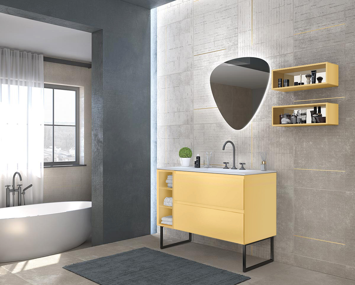 Mobile bagno con piedi a 2 cassetti, finitura Avorio Opaco