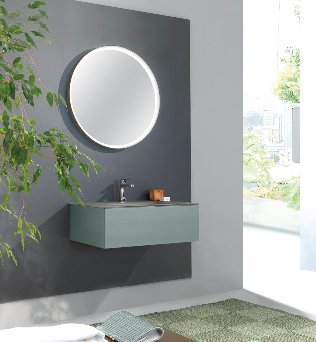 Mobile bagno con lavabo integrato con cassetto, finitura Grigio Traffico e satinato Terra