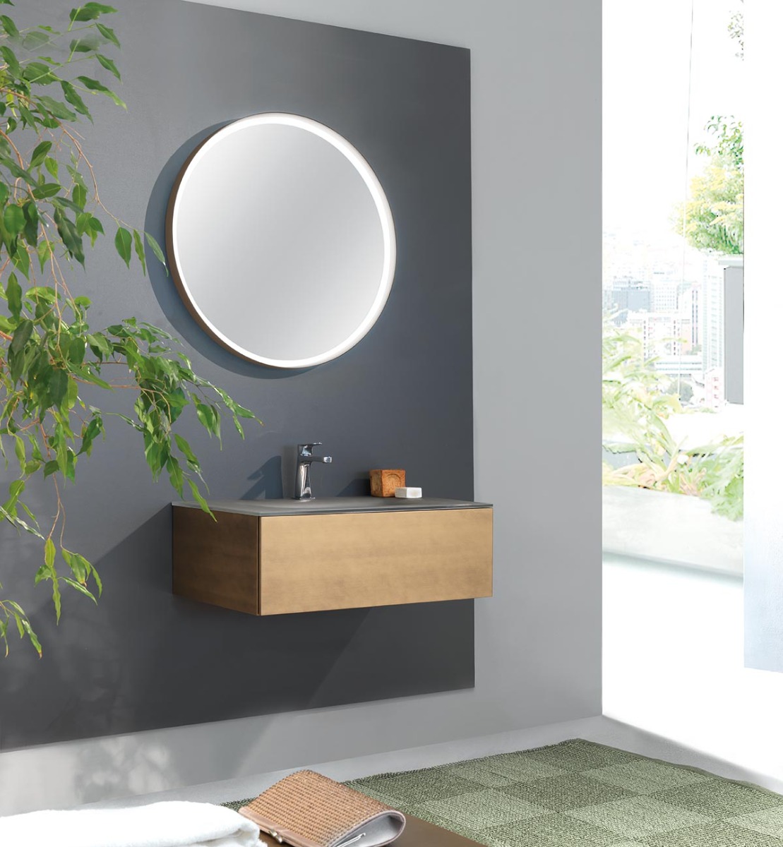 Mobile bagno con lavabo integrato con cassetto, finitura Bronzo anticato e satinato Terra