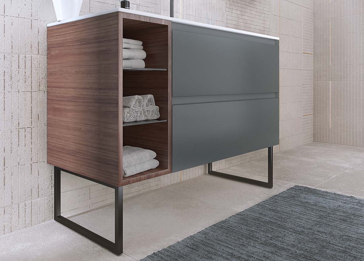 Mobile bagno con piedi a 2 cassetti, finitura Grigio basalto e Noce canaletto