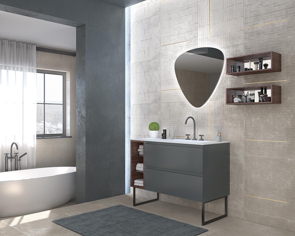 Mobile bagno con piedi a 2 cassetti, finitura Grigio basalto e Noce canaletto