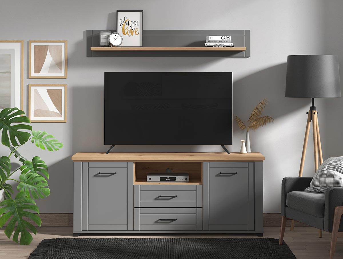 Mobile tv contemporaneo con cassetti, finitura Rovere e Grafite