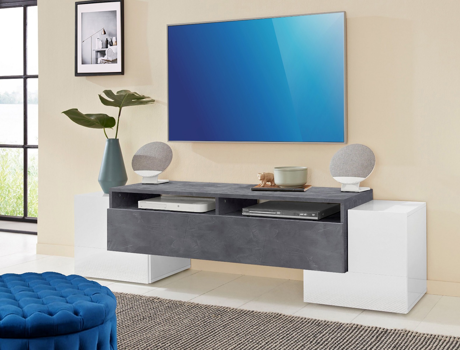 Porta tv Grigio Ardesia e Bianco lucido, 2 ante e una ribalta