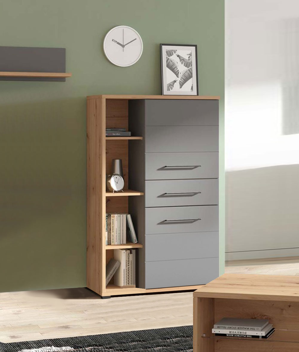 Madia alta 2 ante 1 cassetto, finitura Rovere e Grafite