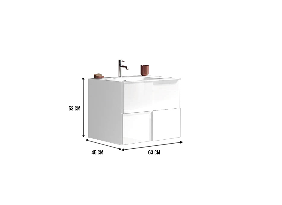 Mobiletto da bagno L.63, bianco lucido sospeso a 2 cassetti black friday