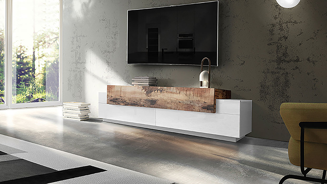 Mobile porta tv moderno L.200 con 3 ante in finitura Bianco lucido e Pero