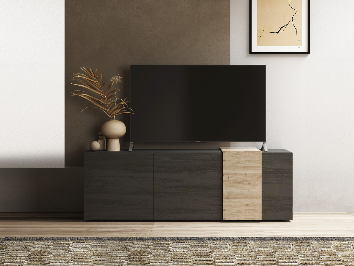 Soggiorno moderno composto da madia e porta tv, titanio