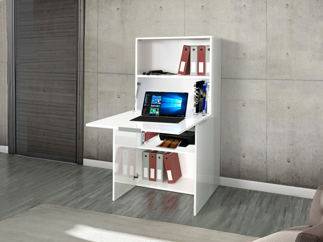 Scrivania estraibile, multiuso, bianco lucido, made in Italy
