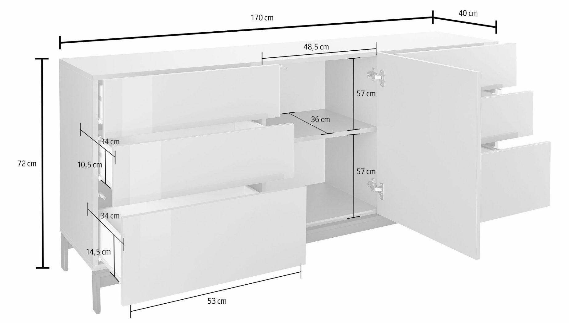 Madia moderna, 6 cassetti 1 anta in finitura bianco lucido