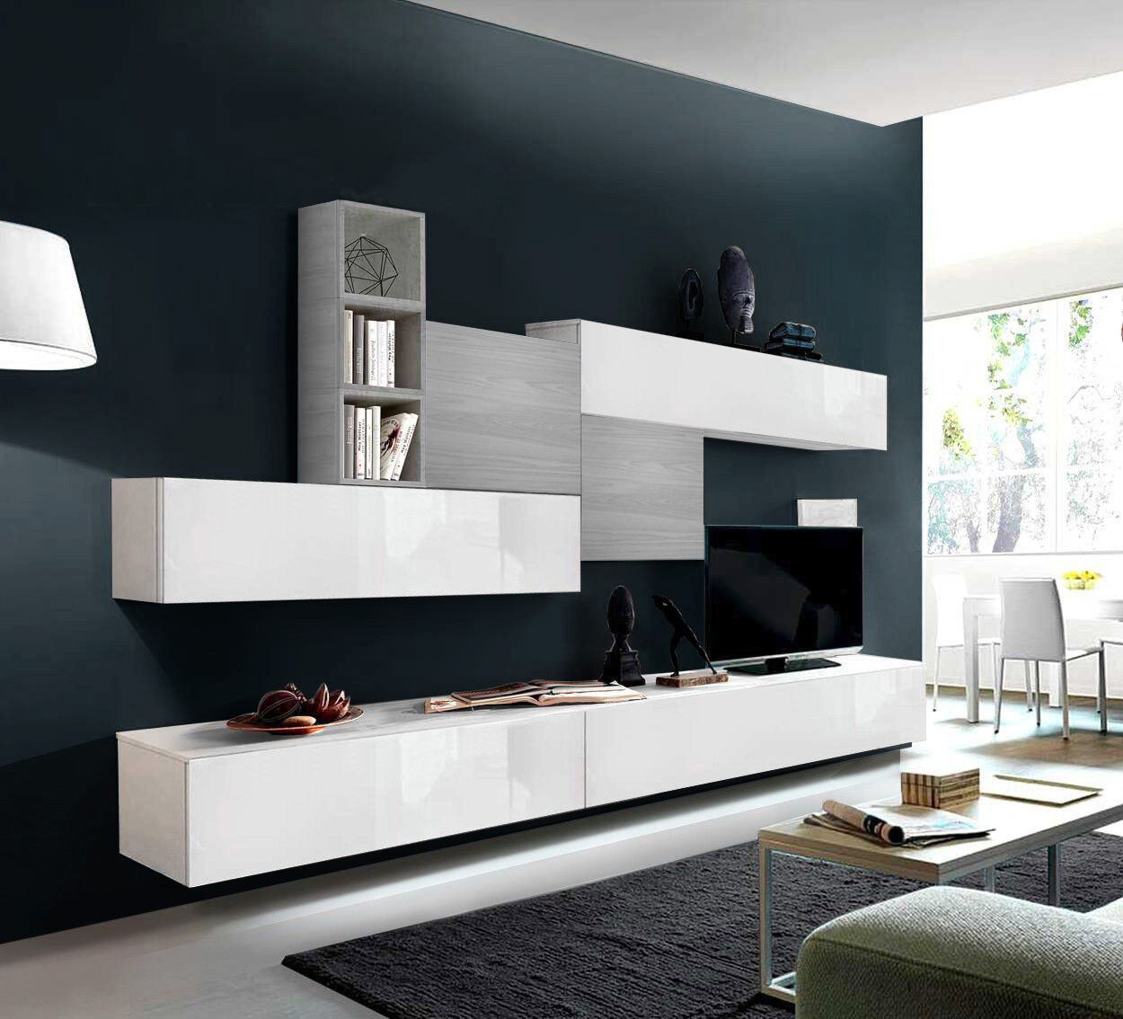 Parete attrezzate moderne parete da soggiorno con basi tv bianche lucide e pensili Artico e Gesso 