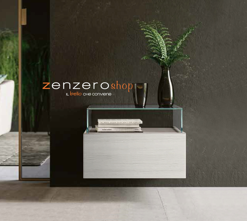 Comodino sospeso Palawan con teca in vetro in finitura Grigio seta e Bianco altea 