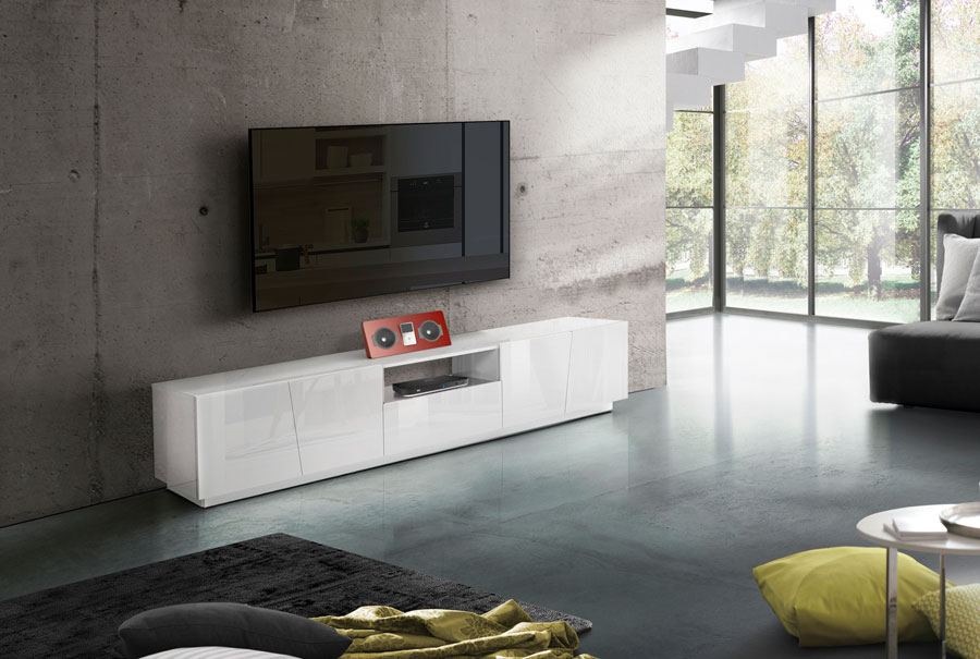 Mobili per televisori con 4 ante e 1 cassetto in finitura bianco lucido