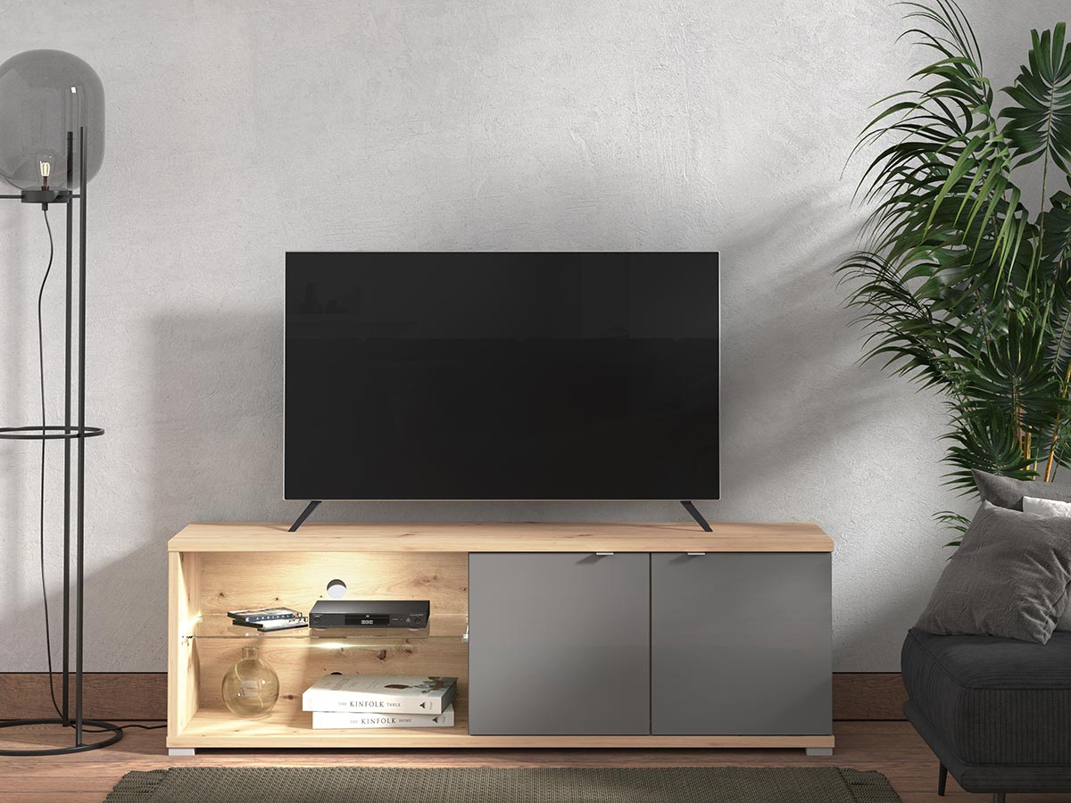 Mobile tv 2 ante e ripiano vetro, finitura Grigio grafite e Rovere