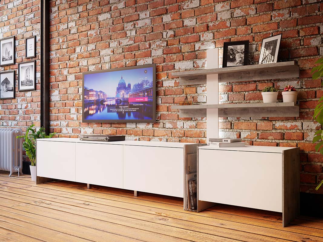 Parete attrezzata con base tv e mensole, Bianca lucido e Grigio loftwood