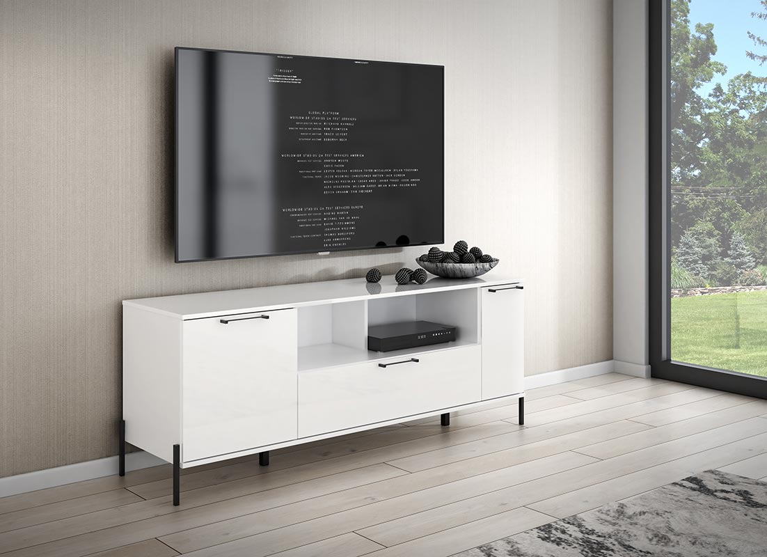 Mobile porta tv Bianco lucido con piedini neri, 2 ante un cassetto