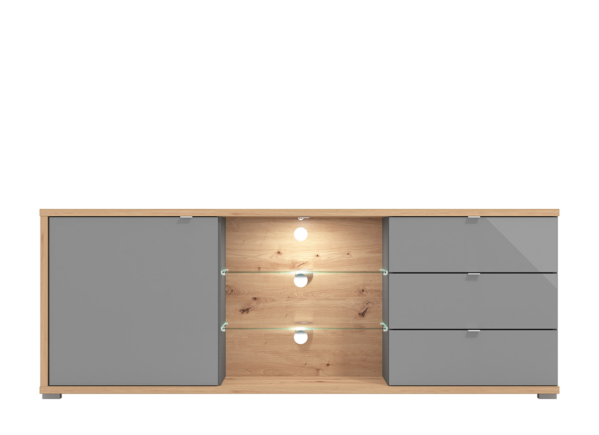 Mobile tv con cassetti, due ripiani 1 anta, finitura Rovere e vetro Grigio