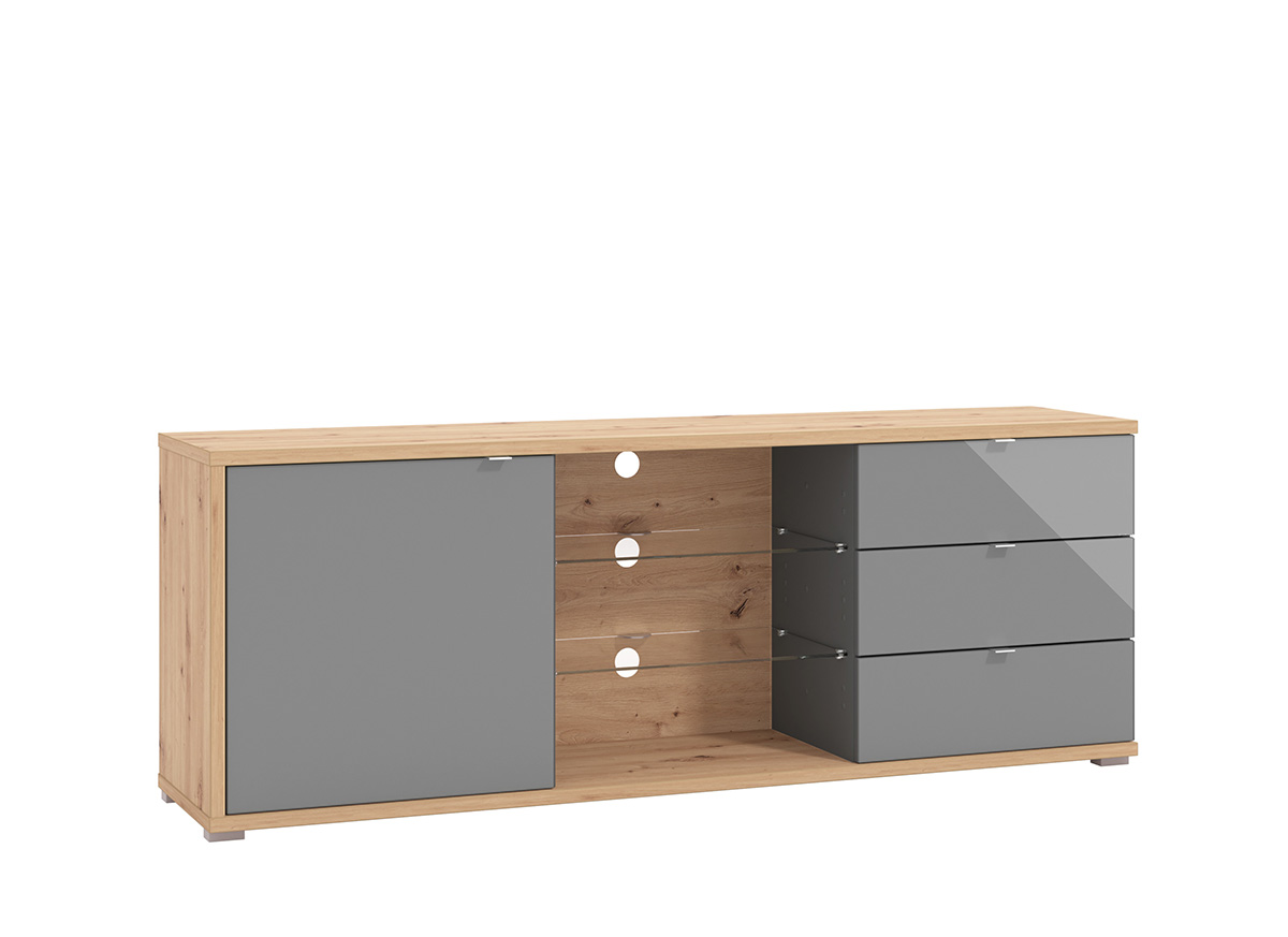 Mobile tv con cassetti, due ripiani 1 anta, finitura Rovere e vetro Grigio