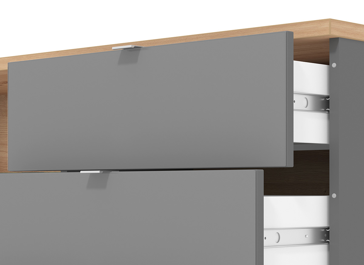 Mobile tv con cassetti, due ripiani 1 anta, finitura Rovere e vetro Grigio