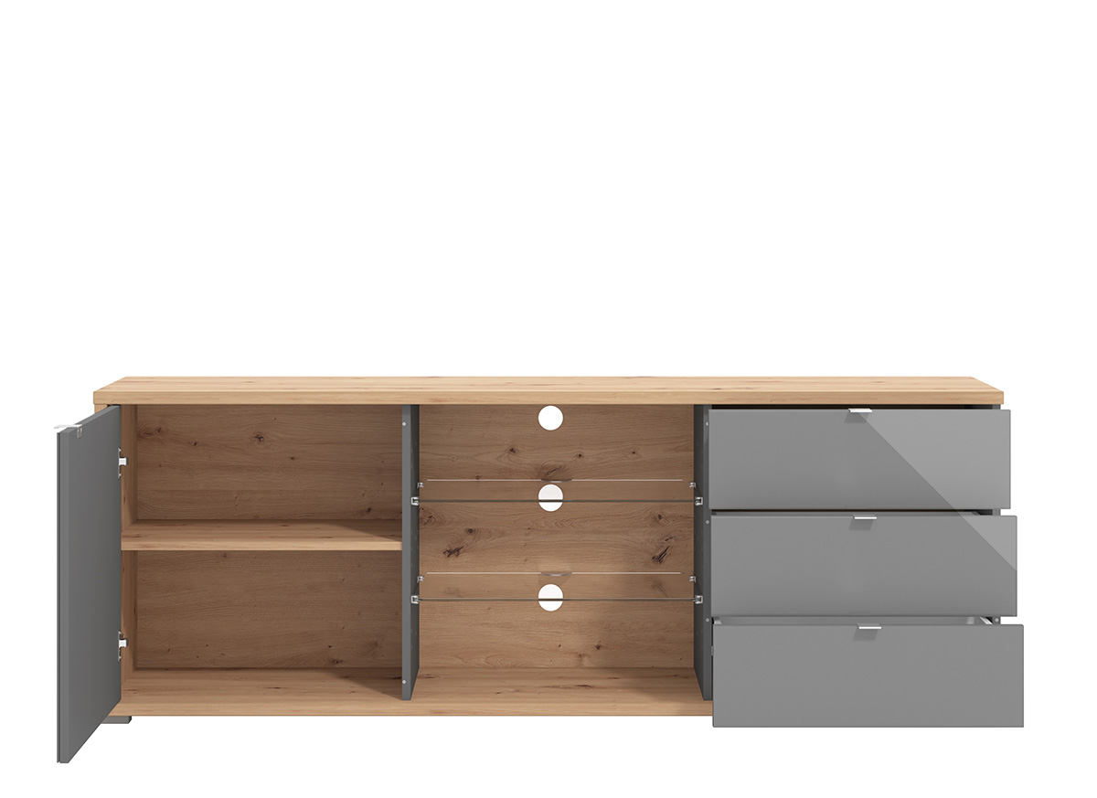 Mobile tv con cassetti, due ripiani 1 anta, finitura Rovere e vetro Grigio