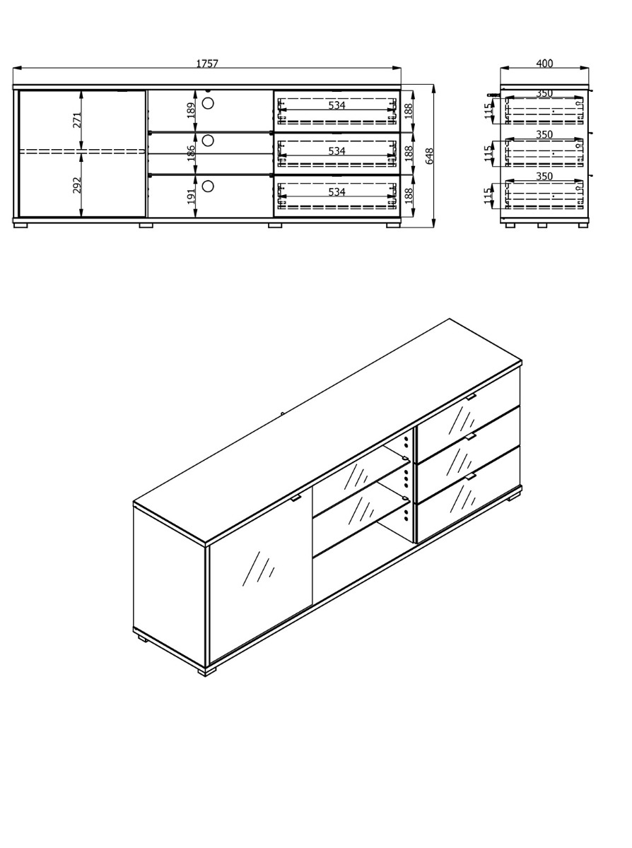 Mobile tv con cassetti, due ripiani 1 anta, finitura Rovere e vetro Grigio