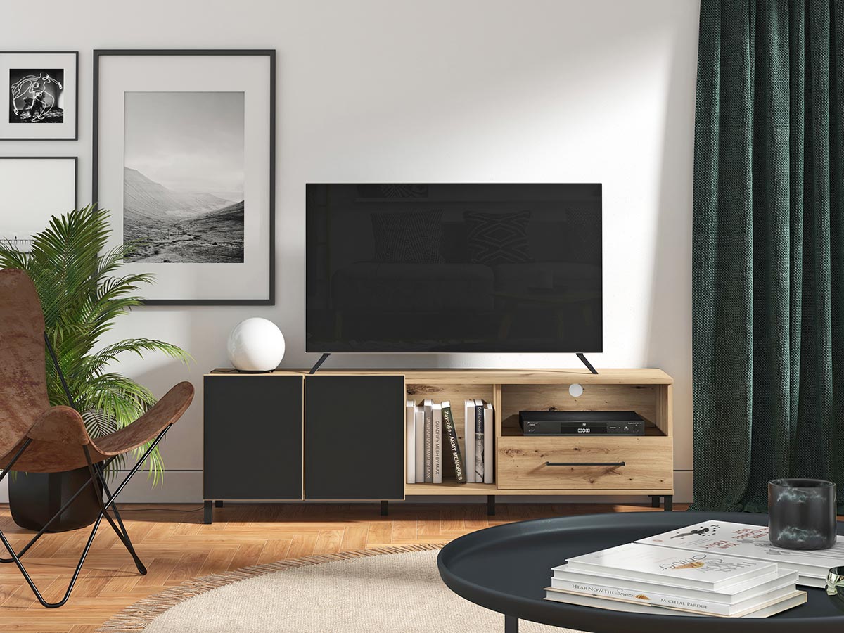 Mobile tv 160 cm con cassetto e due ante, finitura Rovere e Nero opaco