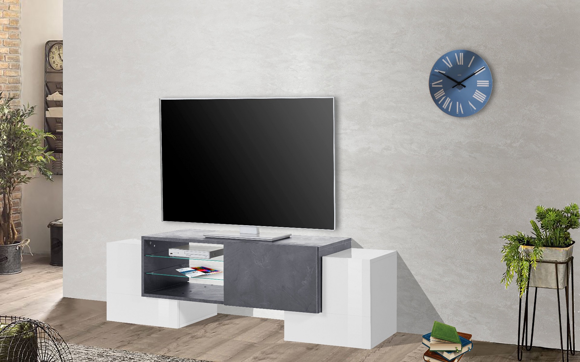 Mobile tv L.150 Grigio Ardesia e Bianco lucido