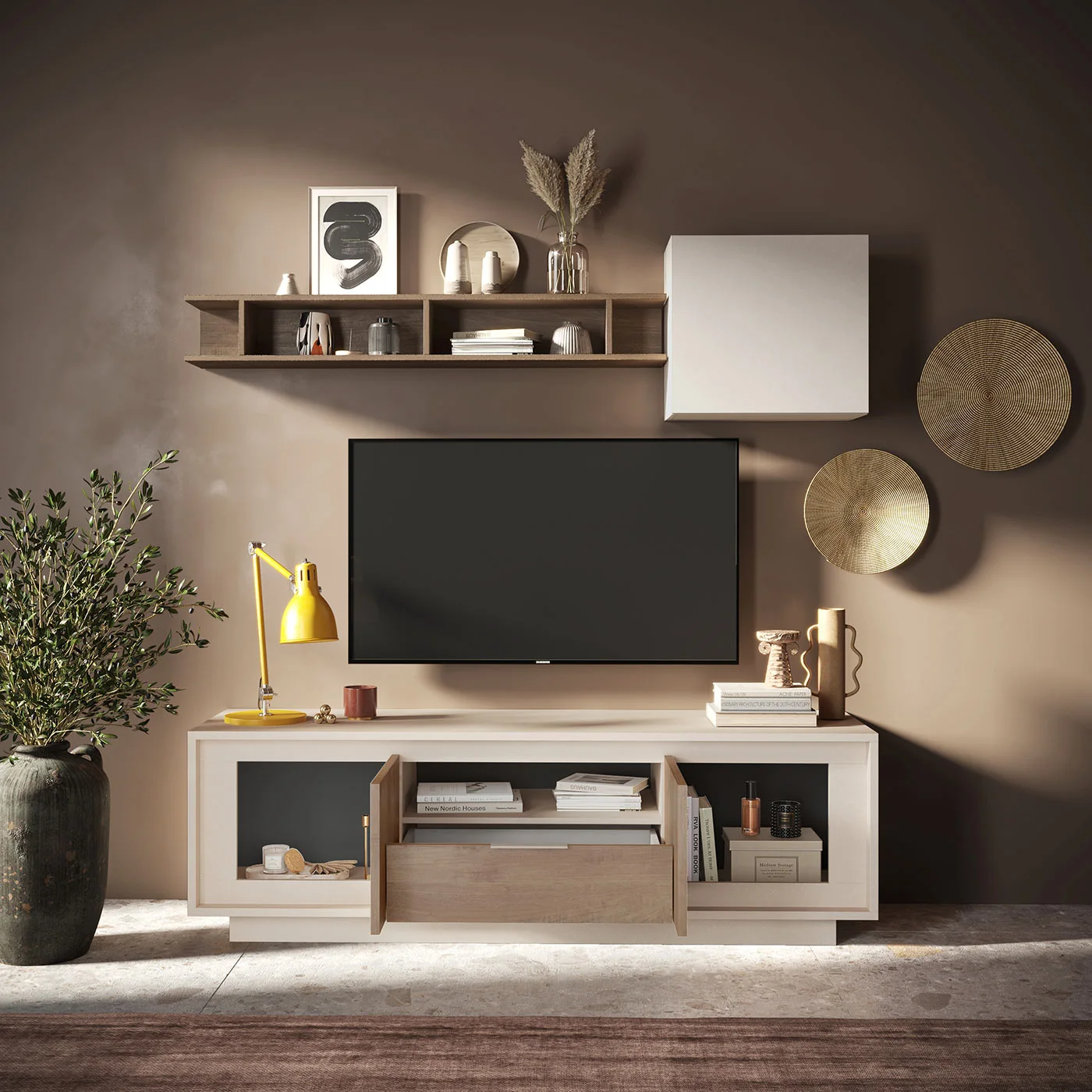 soggiorno moderno con vetrine cashmere