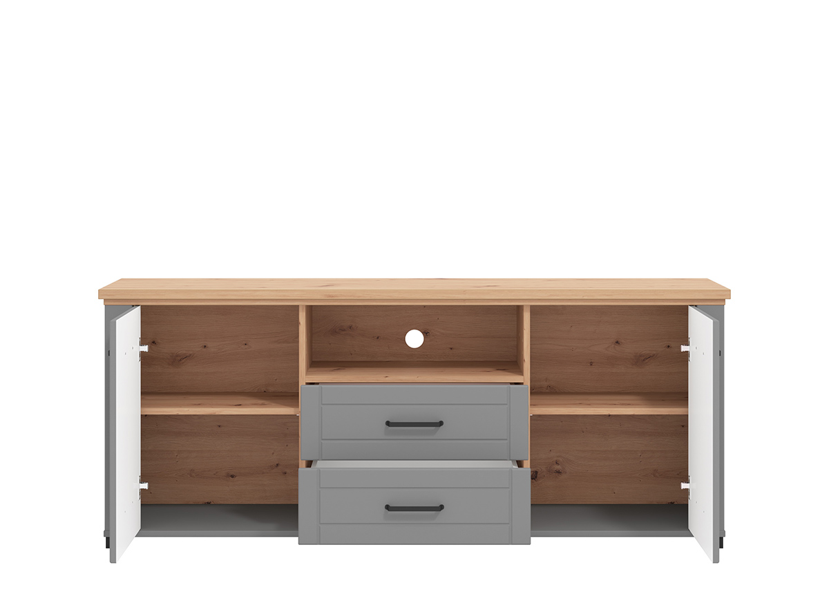 Mobile tv contemporaneo con cassetti, finitura Rovere e Grafite