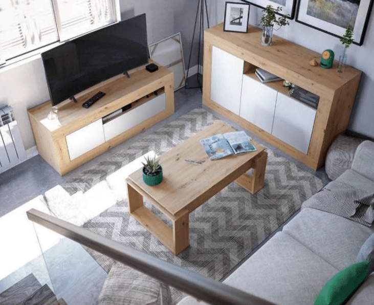 Mobile tv rovere nodi e bianco opaco con anta e ribalta