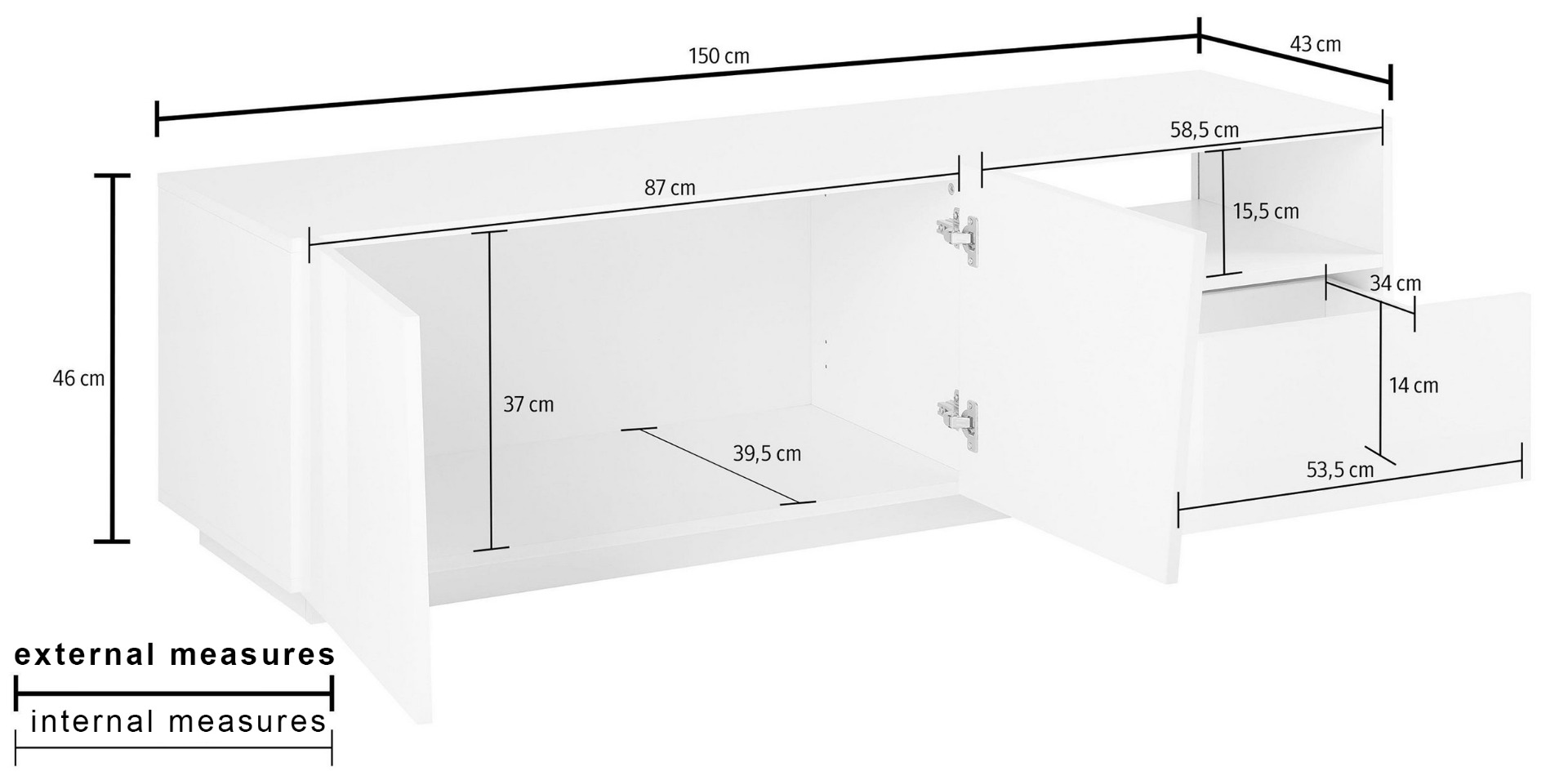 Porta tv 2 ante e 1 cassetto bianco lucido