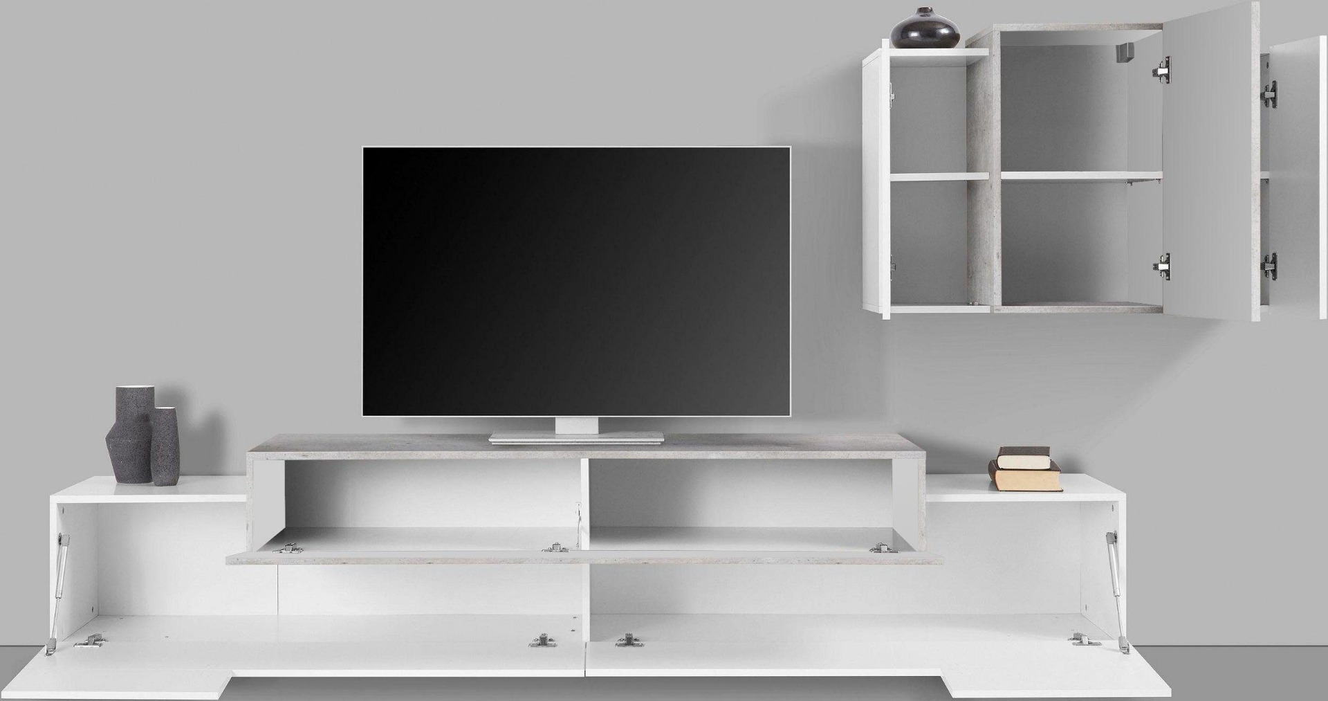 Porta Tv con pensile sospeso Bianco lucido e Cemento