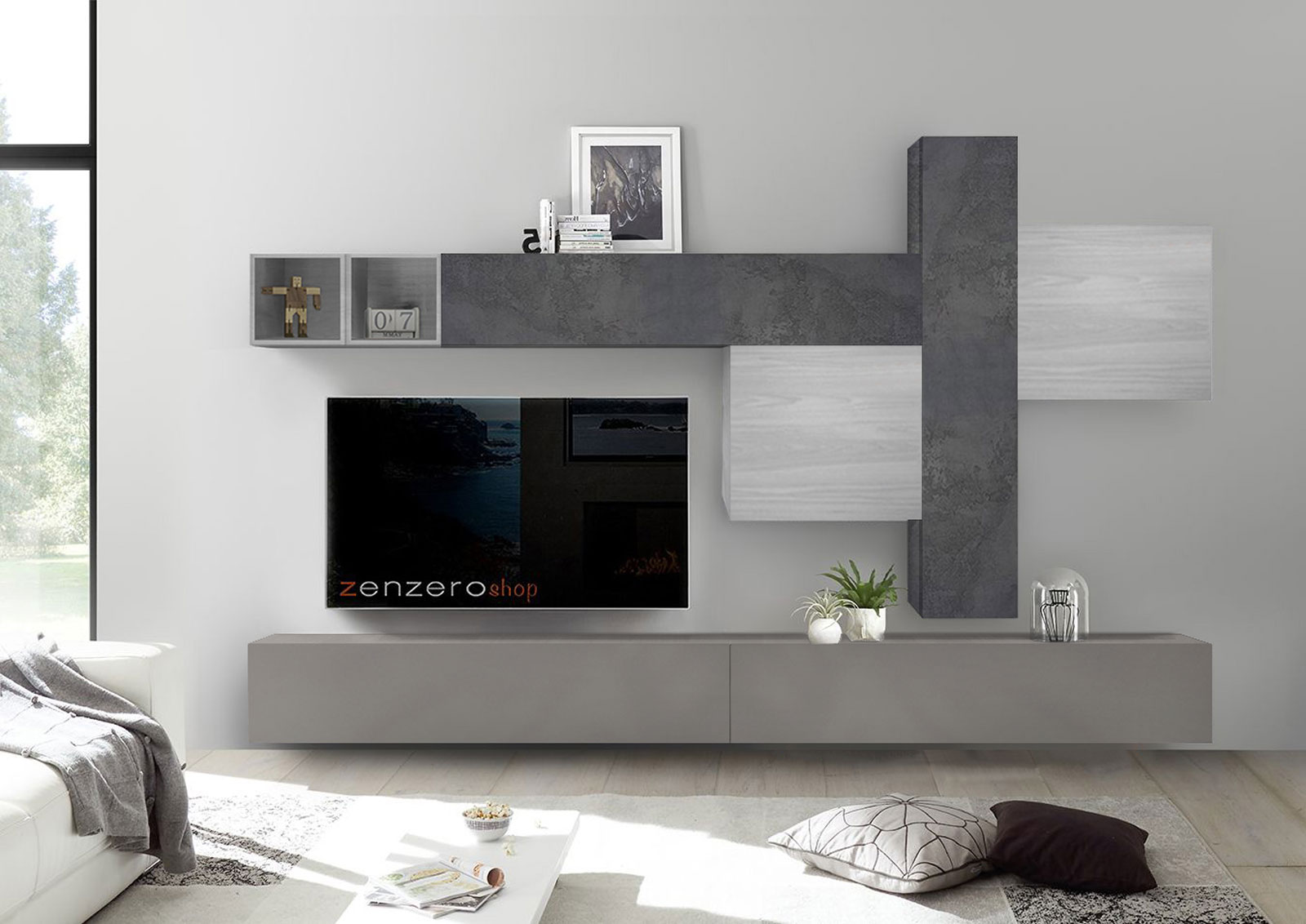 Mobili da parete soggiorno Zenzero parete attrezzata Piombo, Beton e Ardesia