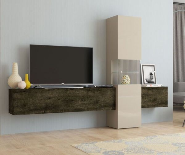 Parete attrezzata con vetrina, Sabbia lucido e Rovere Dark