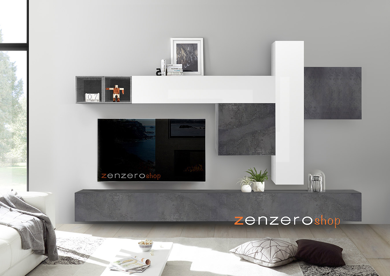Mobili parete attrezzata Soggiorno Zenzero parete attrezzata ossido, piombo e bianco lucido
